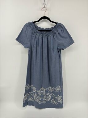 Talbots Blue Short-Sleeve Floral Embroidered Chambray Midi Dress
